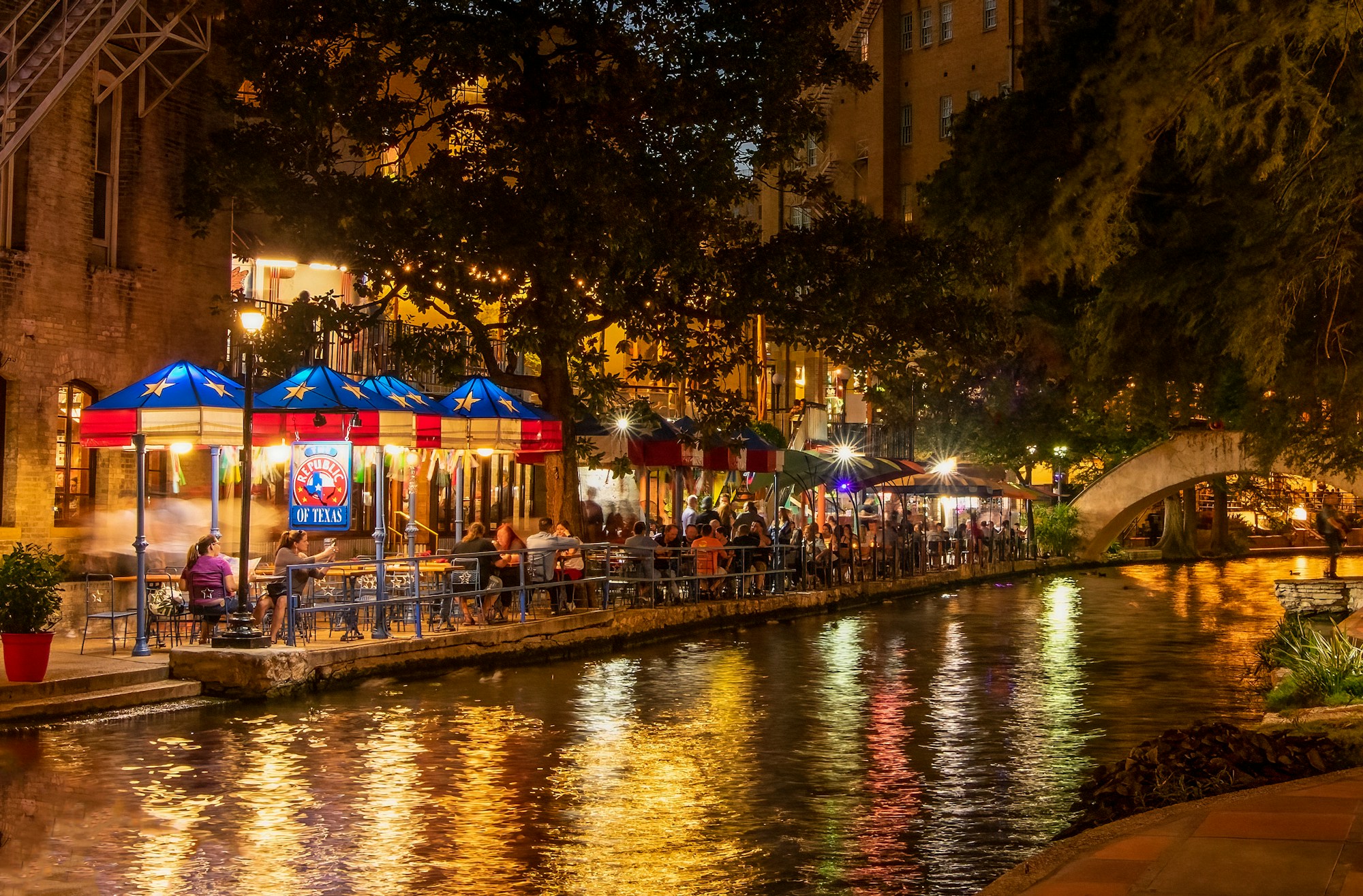San Antonio River Walk illuminated at night